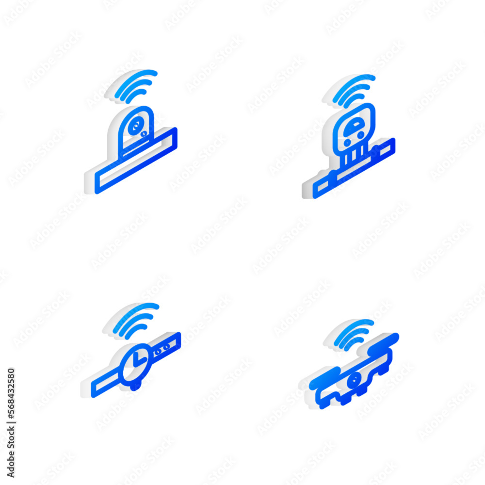Set Isometric line Smart sensor, security camera, Smartwatch and drone icon. Vector