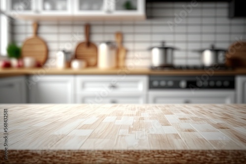 Light Wood Table on Blurred Kitchen Background, Modern Wooden Table Mockup for Montage Product Display, Generative AI Illustration