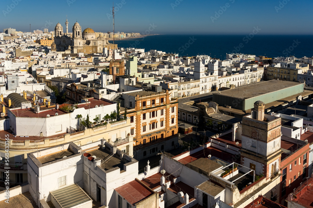 Panoramic view of the city of Cadiz at sunset since Tavira tower lookout with the cathedral, Andalucia, Spain.