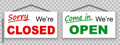Open and closed hanging signboard with shadow - vector