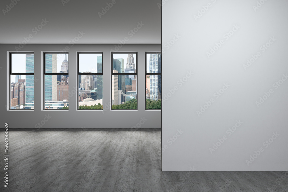 Obraz premium Midtown New York City Manhattan Skyline Buildings Window Background. Real estate Empty room Interior white mockup wall. Skyscrapers View Cityscape. East Side United Nations Headquarters. 3d rendering