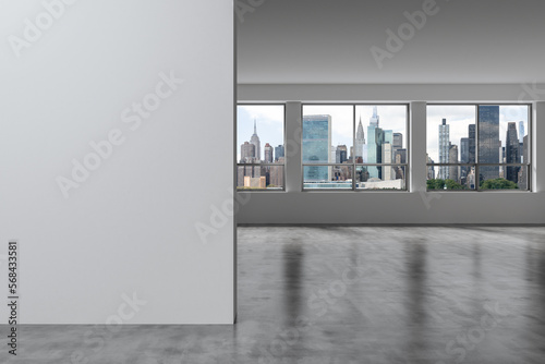 Midtown New York City Manhattan Skyline Buildings Window Background. Real estate Empty room Interior white mockup wall. Skyscrapers View Cityscape. East Side United Nations Headquarters. 3d rendering