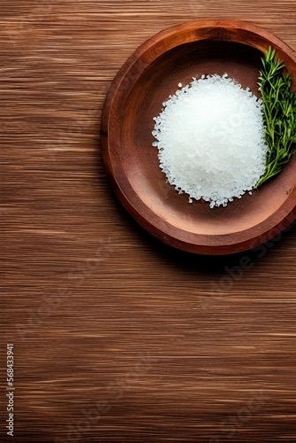 Round wooden plate with herbs and salt on dark wooden background top view - generative ai