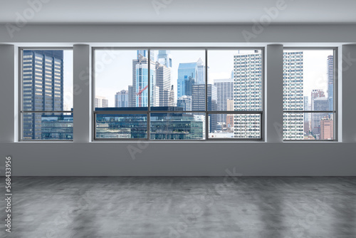 Empty room Interior Skyscrapers View Cityscape. Downtown Philadelphia City Skyline Buildings from High Rise Window. Beautiful Real Estate. Day time. 3d rendering.