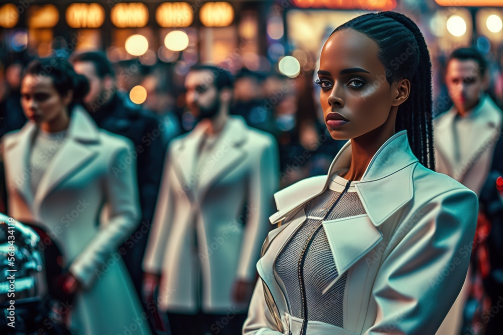 beautiful woman in a busy street at night - ai generated Stock ...