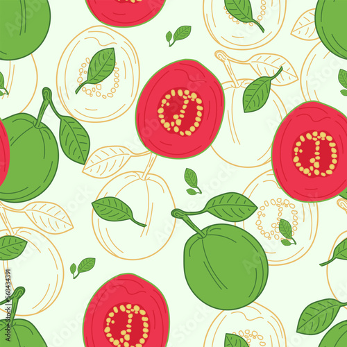 Guava seamless pattern. Whole and half guava. Juicy fruit vector illustration
