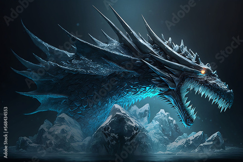 Volumetric Lighting Dragon Made of Ice Breathing Frost Mythological Creature AI-Generated