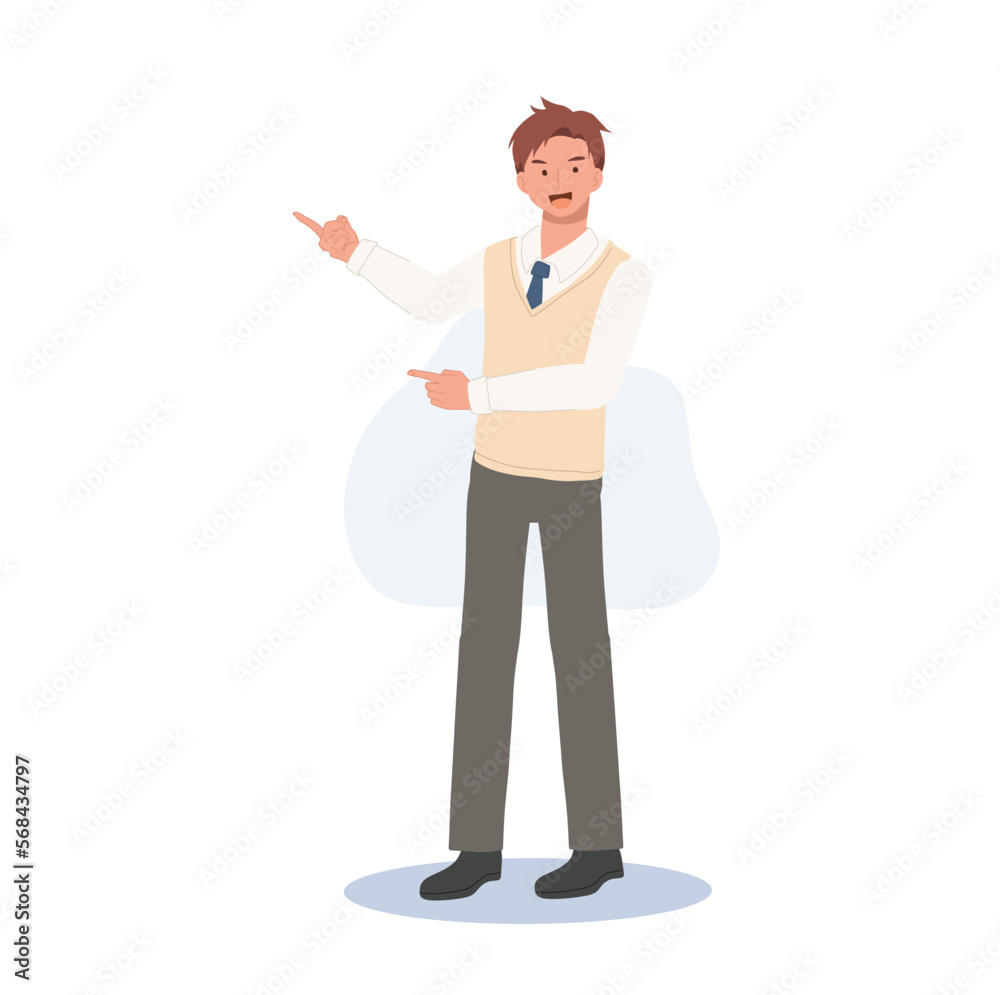 Learning and Education concept. Korean student character. Full length of Male student in school uniforms prouding to present ,point something Learning and Education concept. Korean student character. Full length of Male student in school uniforms prouding to present ,point something