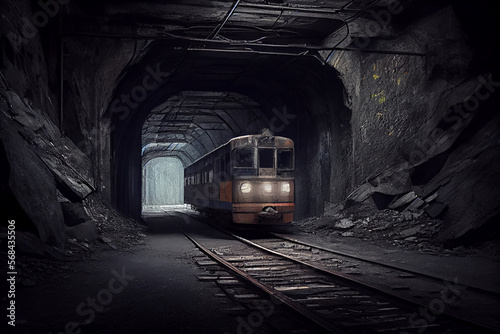 A large underground tunnel with a railway, tram, tram tracks, abandoned, old without people, gloomy view of the dungeon. Generative AI