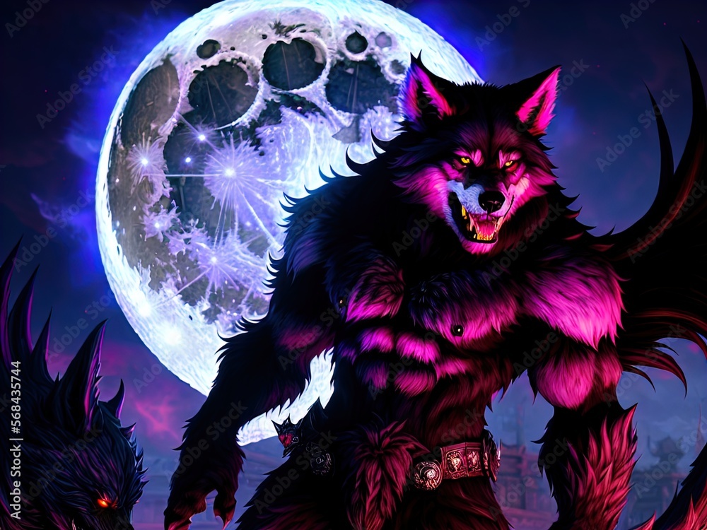 A savage werewolf stands under a full moon. A savage werewolf stands under a full moon.