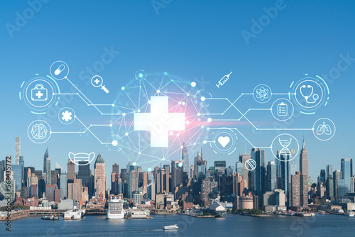 New York City skyline from New Jersey over the Hudson River towards Midtown Manhattan at day time. Health care digital medicine hologram. The concept of treatment and disease prevention