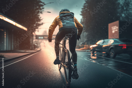 man riding bike in the road scene. Generative AI