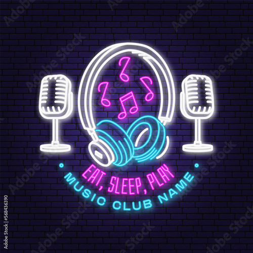 Music club neon poster, banner. Neon sign, emblem, bright signboard, light banner with retro headphones and microphone. Vector illustration. Advertising bright neon for night club