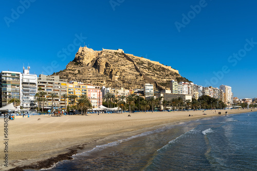 view of Postiguet Beach and Santa Barbara Castle in downtown Alicante photo