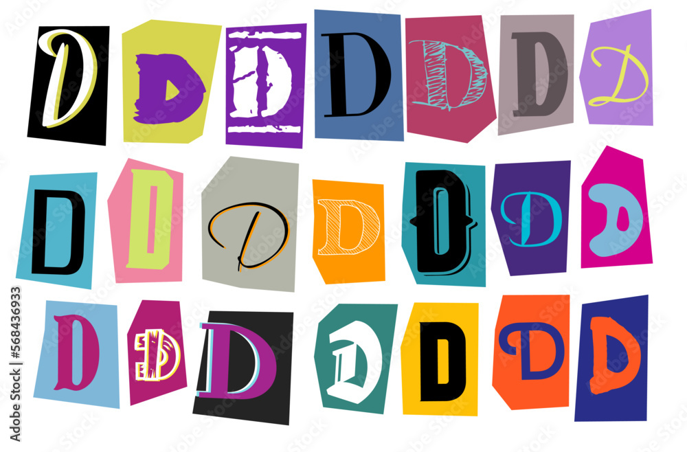 Alphabet D - vector cut newspaper and magazine letters, paper style ransom note letter Alphabet D - vector cut newspaper and magazine letters, paper style ransom note letter