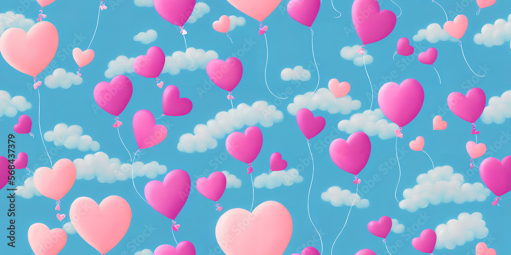 Flying hearts illustration and air balloons, red and pink hearts, light clouds, love envelops, and soft sky background.