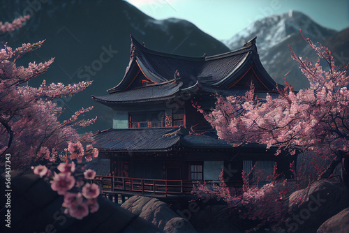 Japanese cherry blossom sakura on the background of an old asian style house, tourism to asia during the flowering of plants and spring. Generative AI photo