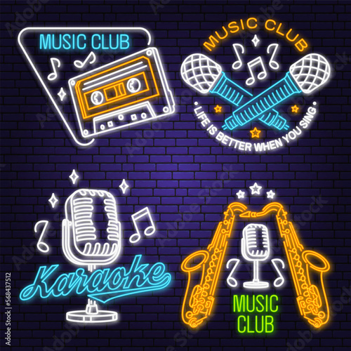 Retro music neon poster  banner. Neon sign  emblem  bright signboard  light banner with retro headphones  saxophone  audio cassette  classical acoustic guitar. Vector illustration. Advertising bright.