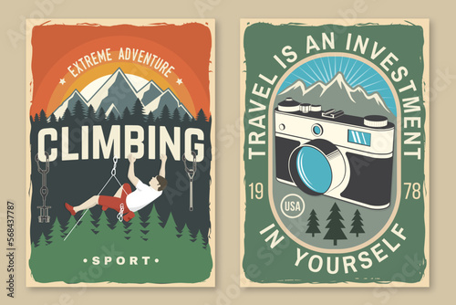 Set of camping poster, banner with travel inspirational quotes. Vector. Vintage typography design with retro photo camera, climber, carabiners, climbing cams, hexes and mountain silhouette. Extreme