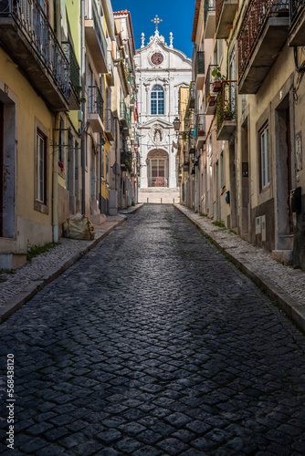 Narrow streets  old houses in the old town of Bairro Alto  no balconies and shops  in the capital Lisbon in Portugal  Europe