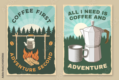 Set of retro poster, banner with travel inspirational quotes. Vector Concept for shirt or logo, print, stamp or tee. Design with retro camping tea kettle, geyser coffee maker, and mug silhouette