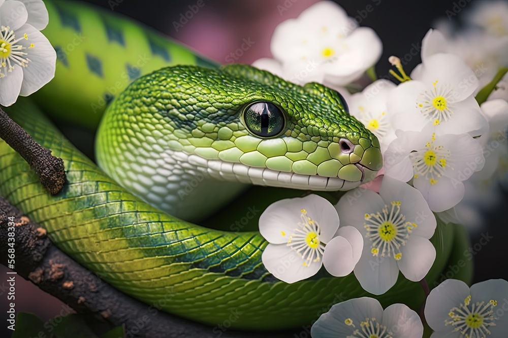Fototapeta premium cute green snake hind among beautiful cherry flowers