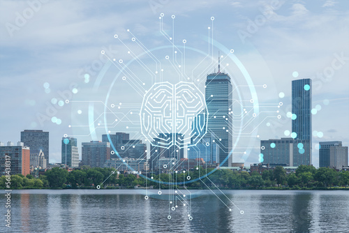 Panorama skyline, city view of Boston at day time, Massachusetts. Financial downtown. Hologram of Artificial Intelligence concept. AI and business, machine learning, neural network, robotics