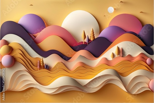 nature Landscape Paper Cut style with rounded Curved shapes and gradients generative ai abstract geometric lines pattern background