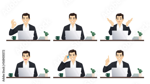Handsome asian business young man using laptop computer sitting at the desk isolated vector illustration