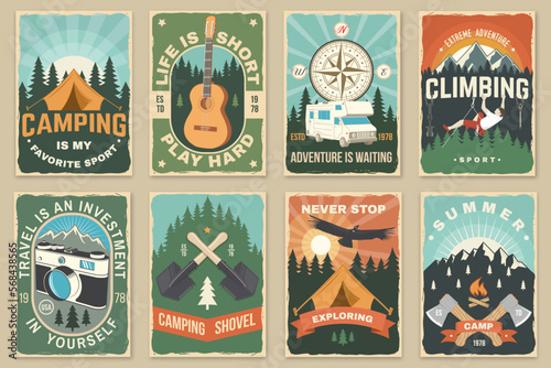 Set of camping poster, banner. Vector illustration. Concept for shirt or logo, print, stamp or tee. Vintage typography design with guitar, camping climber, tent, mountain and forest silhouette.