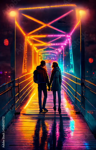 A valentine's couple standing in front of a bridge created using Generative AI