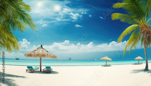 beautiful beach with white sand, turquoise ocean and blue sky with clouds on Sunny day. Summer tropical landscape with green palm trees, Generative AI © Kitsada