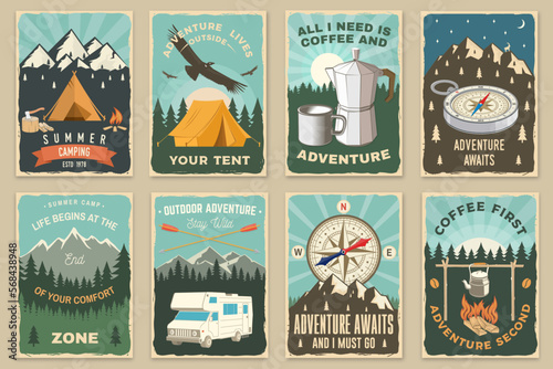 Set of camping retro posters. Vector illustration. Vintage typography design with motor home, camping tent, mountain, boiling pot at the campfire, forest and compass silhouette.