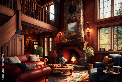  Chalet Cozy Interior and Fireplace. Modern Cottage Living Room Decor with Wood Wall and Furniture. Rustic Home Design. Generative AI.