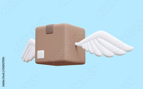 3d realistic parcel with wings isolated on blue background. Cardboard boxes for delivery service concept in cartoon style. Vector illustration
