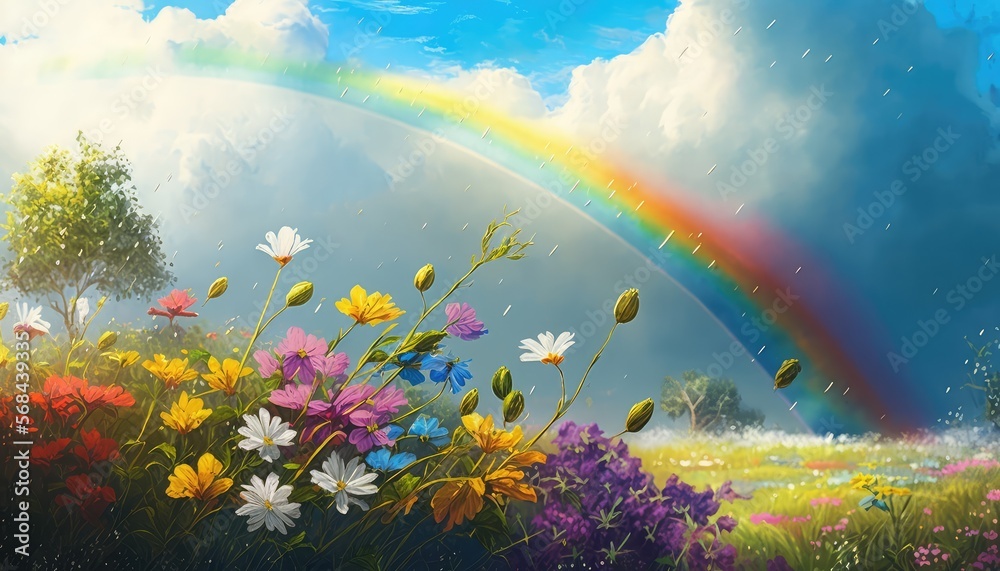 After rain vibes, Rainbow and bloom flowers. Generative AI