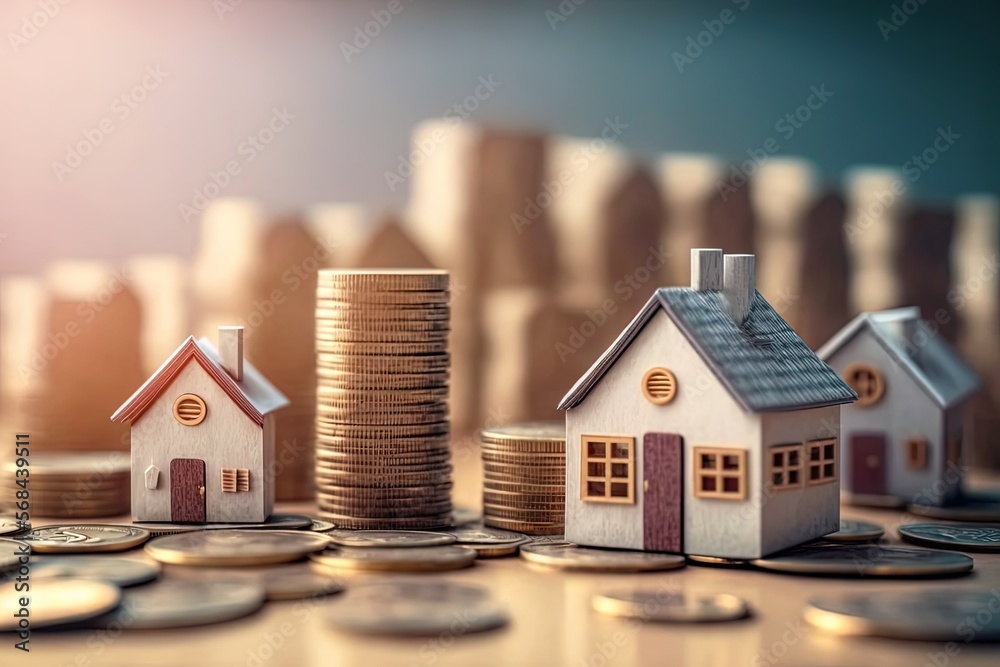 many houses with a lot of coin stack, idea for property investment, income , tax, and passive income, - obrazy, fototapety, plakaty 