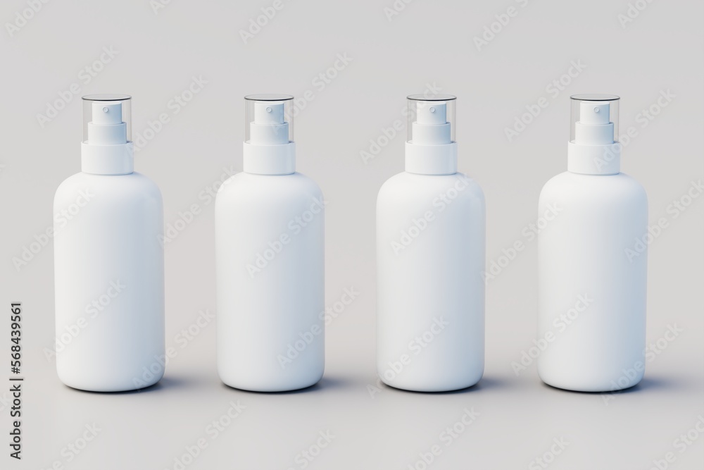 White Plastic Spray Multiple Bottle Mockup. 3D Illustration White Plastic Spray Multiple Bottle Mockup. 3D Illustration