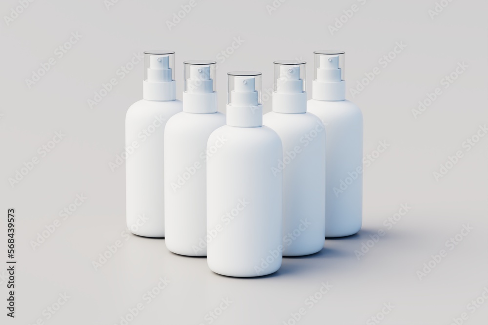 White Plastic Spray Multiple Bottle Mockup. 3D Illustration