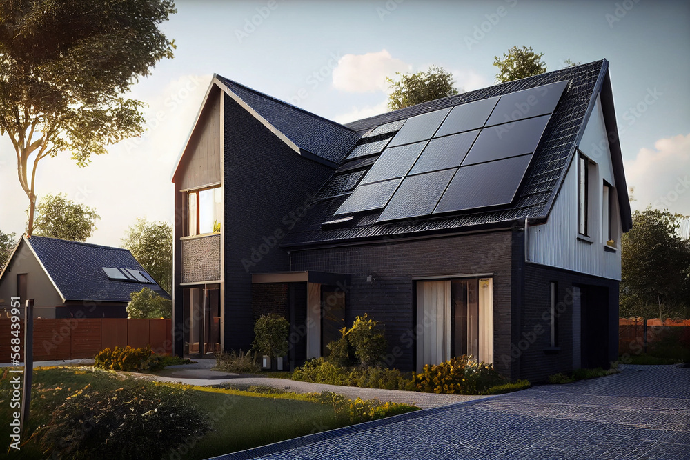 Obraz premium Houses with rooftop solar panels, top view houses of the future, green eco energy of the future, farm with solar panels Generative AI