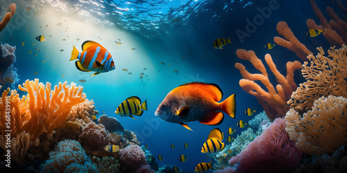 Coral reef and fish in the sea, tropical underwater background, Illustration generativ ai
