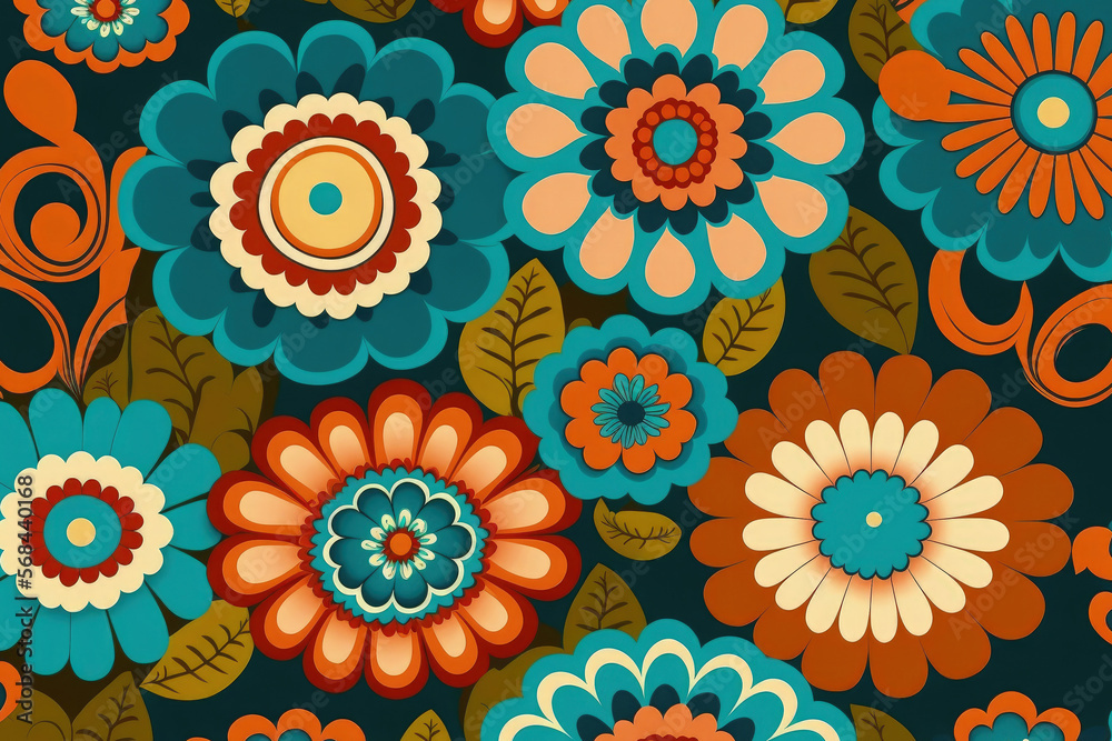 Retro hippie vintage flowers seamless pattern in the 1970s and 1980s fashion. art that is flat. Generative AI