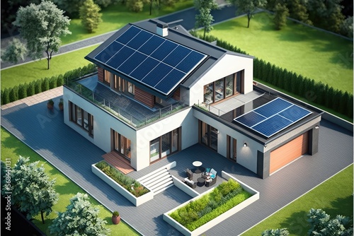 echo-friendly  modern house with a Roof with solar panels generative ai sustainability scene © Ecleposs