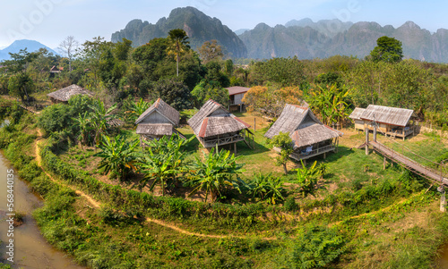 Traditional old house built with wood and has a beautiful mountain view in Vang Vieng, LAO.