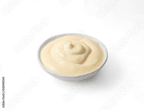 Mayonnaise in white cup egg, in white background