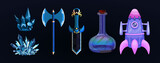 A set of fantasy icons. Amethyst, brutal, double-edged axe, dagger, potion bottle, magic walking castle. Vector objects for mobile fantasy games.
