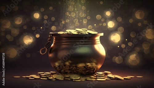 pot or cauldron full of ingot gold and golden coins inside idea for money saving , wealth and prosperity, Generative Ai 