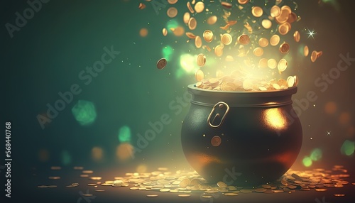 pot or cauldron full of ingot gold and golden coins inside idea for money saving , wealth and prosperity, Generative Ai	
 photo