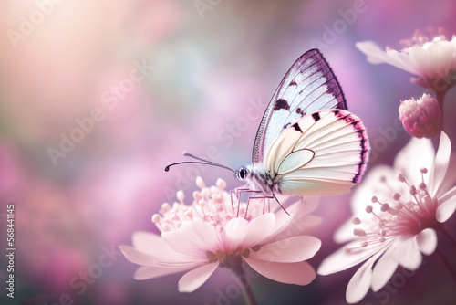 Delicately romantic natural floral background with a white butterfly on flower in soft daylight with beautiful bokeh and pastel colors, Generative AI