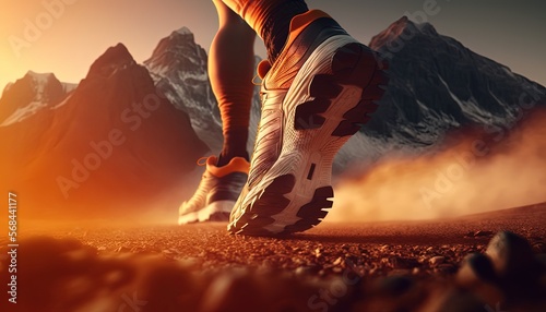 Tableau sur toile running feet with sunlight, training to be winner, self challenge theme concept,